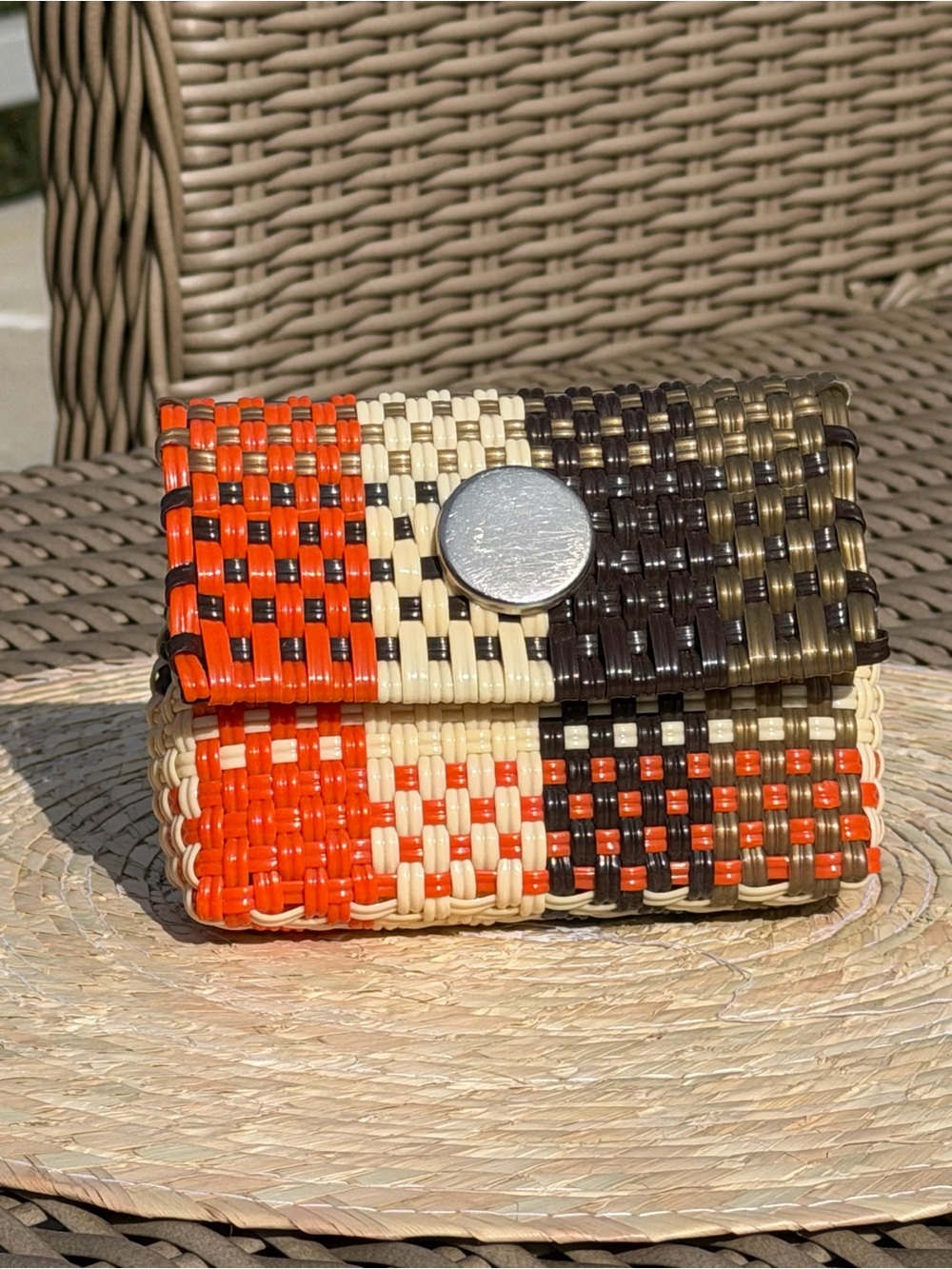 Woven Checker Clutch in Orange, Cream & Brown